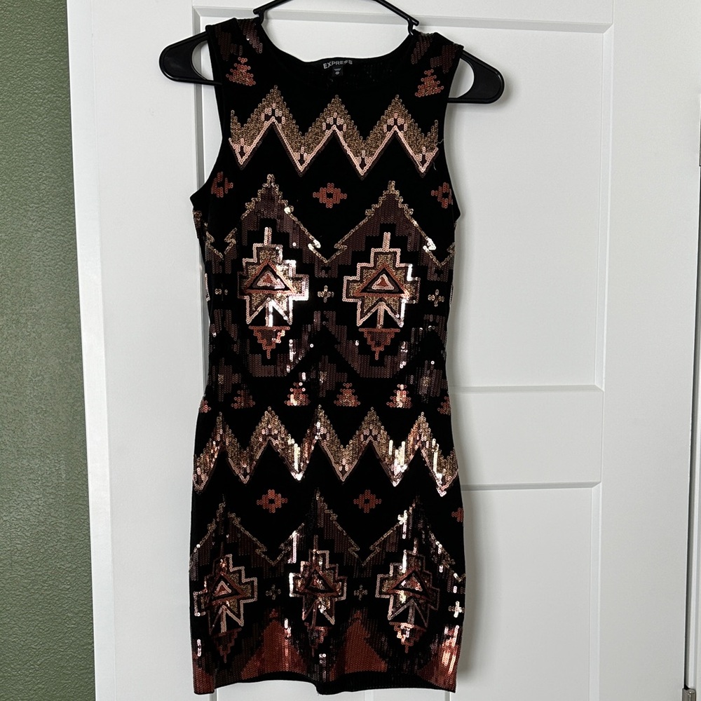 Express Black and Gold Sequin Mini Dress